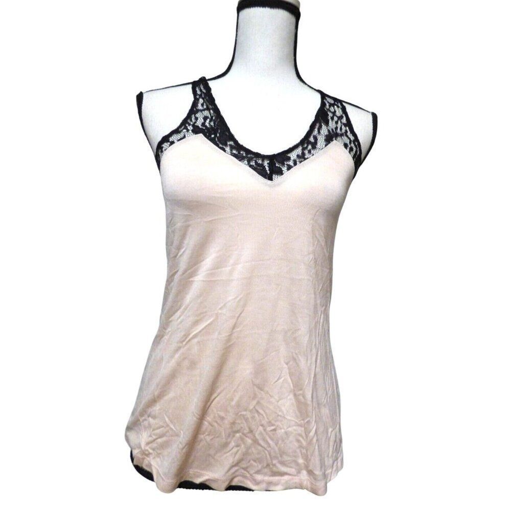 Coolwear Women’s Lace Trim Racerback Rayon Tank Top, Light Pink/Black, Sz. S